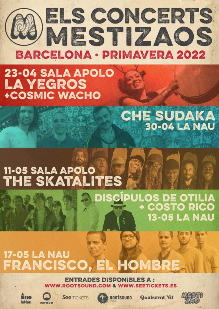 Cartel de conciertos en Barcelona con La Yegros, Francisco el hombre, Skatalites, Che Sudaka